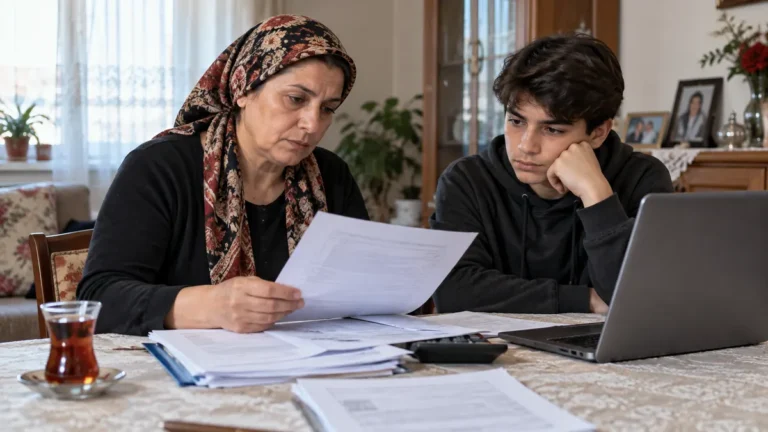 Evinde aylık başvurusuyla ilgili belgeleri oğluyla beraber inceleyen kadın