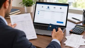 Vergi ödemesini internetten yapmadan önce hesap ve dekontlarını karşılaştıran kişi