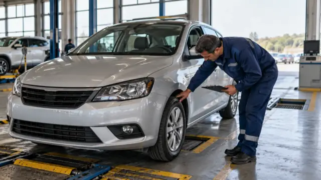 Araç muayene istasyonunda otomobilin lastiklerini kontrol eden teknisyen
