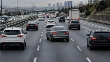 Trafikte çok şeritli yolda ilerleyen otomobiller