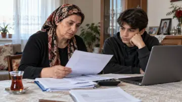 Evinde aylık başvurusuyla ilgili belgeleri oğluyla beraber inceleyen kadın