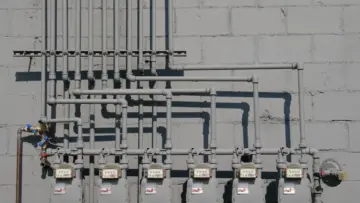 Beton duvara sıralanmış gerçek doğalgaz sayaçları, borular ve bağlantı parçaları; deprem sonrası gaz kaçağı ve doğalgaz vanası kontrolü rehberi için temsili fotoğraf