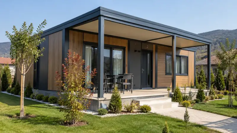 Bahçesinde tek katlı modern çelik karkas prefabrik konut, çatı ve veranda görünümü