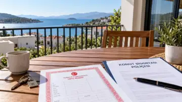 Masa üzerindeki tapu belgesi, konut sigortası evrakları ve anahtarlar