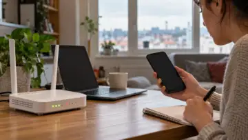 Evde internet bağlantısını kontrol ederken telefon ve not defteri kullanan kişi, masada Wi-Fi modem