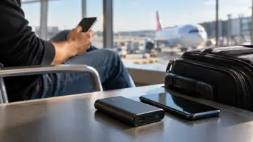 Havalimanı bekleme alanında el bagajının yanında duran powerbank ve akıllı telefon