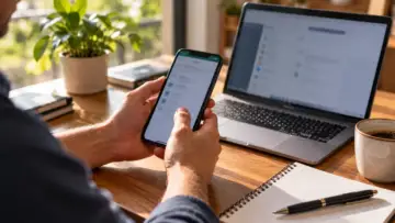 Gün ışığında dizüstü bilgisayarın yanında telefonundan mesajlaşma bağlantılarını kontrol eden kişi