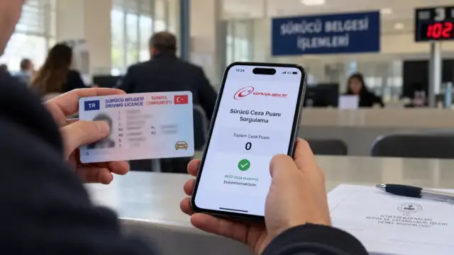 Sürücü belgesi yanında telefonda ceza puanı sorgulama ekranı bulunan temsili fotoğraf