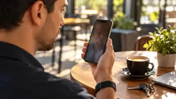 Doğal ışıklı kafede iPhone telefonunu yüz doğrulamasıyla kullanan kişinin yakın plan görüntüsü