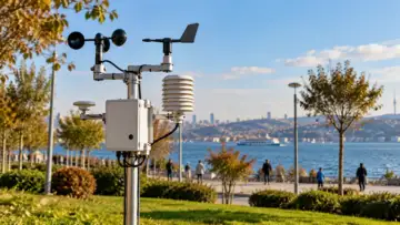 Sahil kenarında rüzgâr ölçer, yön göstergesi ve sıcaklık sensörleri bulunan meteoroloji ölçüm istasyonu