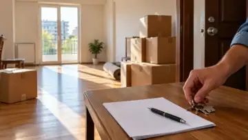 Boşaltılan kiralık dairede taşınma kolileri yanında masaya bırakılan ev anahtarları ve teslim belgesi