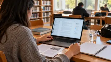 Kütüphanede dizüstü bilgisayardan PDF kaynaklarını inceleyerek not alan öğrenci