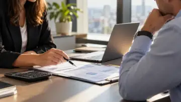 BES birikimiyle teminatlı kredi koşullarını değerlendiren iki kişi ve finans belgeleri