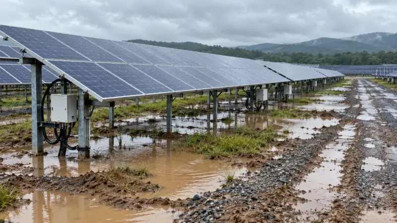 Yağmur sonrasında su birikintileri ve güneş paneli dizileri bulunan enerji santrali; First Solar–Zurich davası temsili
