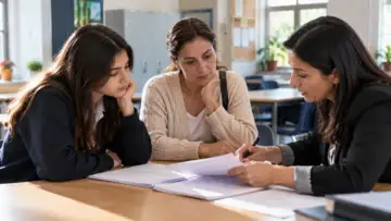 Lise öğrencisi ve velisi, öğretmenle sınav değerlendirme evrakını inceliyor