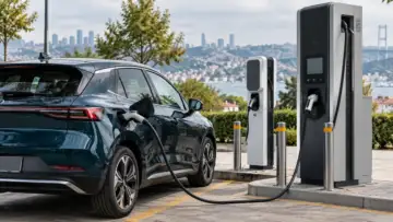 Halka açık elektrikli otomobil şarj istasyonunda kablo ile şarj edilen araç
