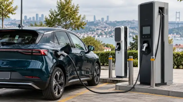 Halka açık elektrikli otomobil şarj istasyonunda kablo ile şarj edilen araç