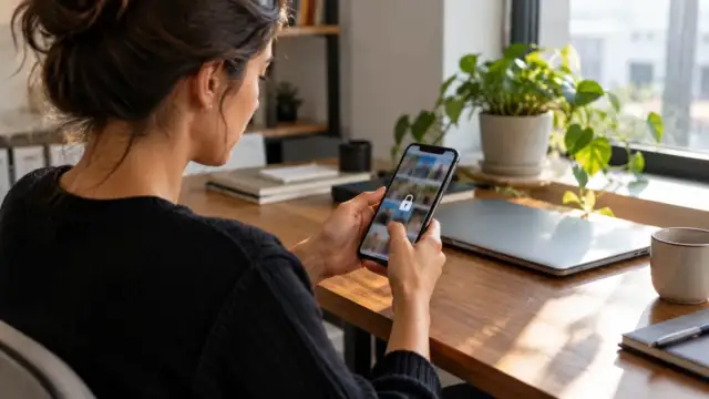 Telefonunda fotoğraf gizliliği ve kilitli klasör ayarlarını kontrol eden kullanıcı