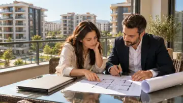 Yeni apartmanların önünde daire planı ve yapı projesini inceleyen iki kişi