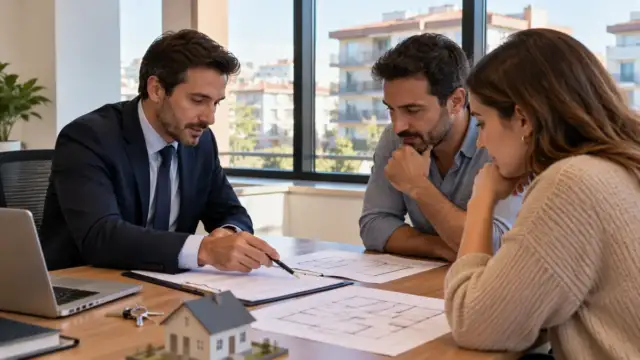Banka danışmanıyla konut tapu ve sigorta belgelerini inceleyen ev sahibi çift