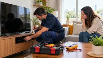 Teknisyenin televizyon ve bağlantılarını kontrol ettiği bir ev ortamı, temsili görsel