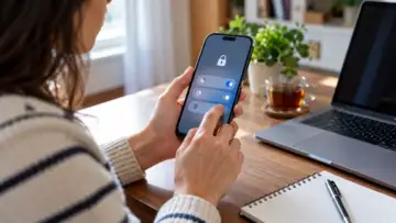 Telefonunda güvenlik ayarlarını inceleyen bir kişi ve çalışma masası, temsili görüntü