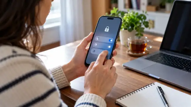 Telefonunda güvenlik ayarlarını inceleyen bir kişi ve çalışma masası, temsili görüntü