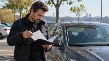 Otomobilinin yanında araç evraklarını kontrol eden sürücü, kayıp ruhsat işlemlerini temsil eden fotoğraf