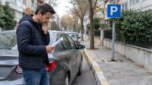 Kaldırım kenarında park etmiş aracının yanında ceza bildirimini inceleyen sürücü, doğal görünümlü fotoğraf