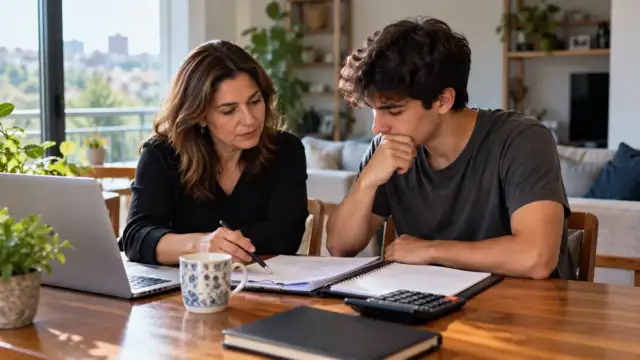 Evde genç yetişkin ile annesinin BES birikimi ve finansal belgeleri birlikte incelemesi