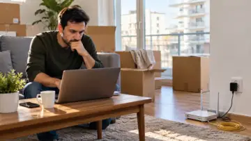 Taşınılan evde kutular, modem ve bilgisayarla internet bağlantısını kontrol eden kullanıcı; temsili fotoğraf