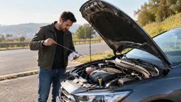Yol kenarında güvenli alana çekilmiş arabanın motor yağı çubuğunu kontrol eden sürücü; temsili fotoğraf