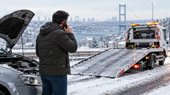 Karlı yol kenarında arızalanmış otomobilin yanında çekici beklerken telefonla yardım isteyen sürücü