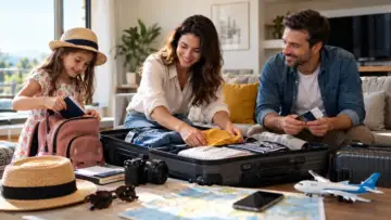 Pasaportlarını ve bavullarını hazırlayan aile ve çocukları