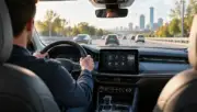 Otomobil içerisinde direksiyon, dokunmatik ekran ve yola odaklanan sürücü; Allianz Motor Day dikkat dağınıklığı araştırması temsili görseli