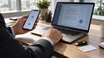 Masada dizüstü bilgisayar, güvenli elektronik imza USB anahtarı ve mobil imza doğrulaması yapılan telefon