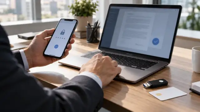 Masada dizüstü bilgisayar, güvenli elektronik imza USB anahtarı ve mobil imza doğrulaması yapılan telefon