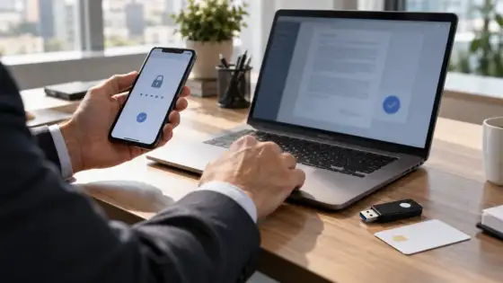 Masada dizüstü bilgisayar, güvenli elektronik imza USB anahtarı ve mobil imza doğrulaması yapılan telefon
