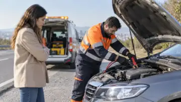 Yol kenarında kaputu açık otomobilin aküsüne takviye yapan yol yardım teknisyeni ve araç sahibi