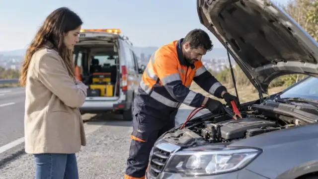 Yol kenarında kaputu açık otomobilin aküsüne takviye yapan yol yardım teknisyeni ve araç sahibi