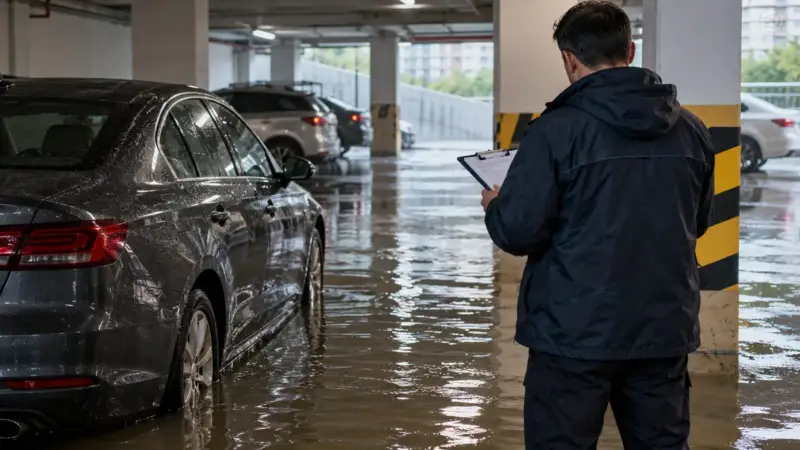 İstanbul'daki sel hasarlarını temsilen su basmış otoparkta araç hasarını inceleyen görevli