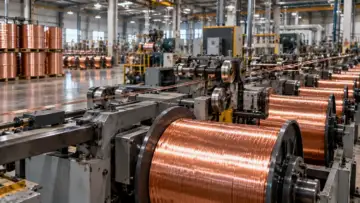 Bakır tel üretim tesisinde metal teller ve üretim makineleri, Mega Metal ABD tesisi haberine özel temsili görsel