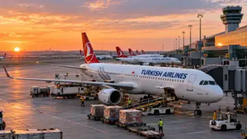 Havalimanında park etmiş Türk Hava Yolları uçağı ve yer hizmetleri, kredi derecelendirmesi haberine temsili görsel