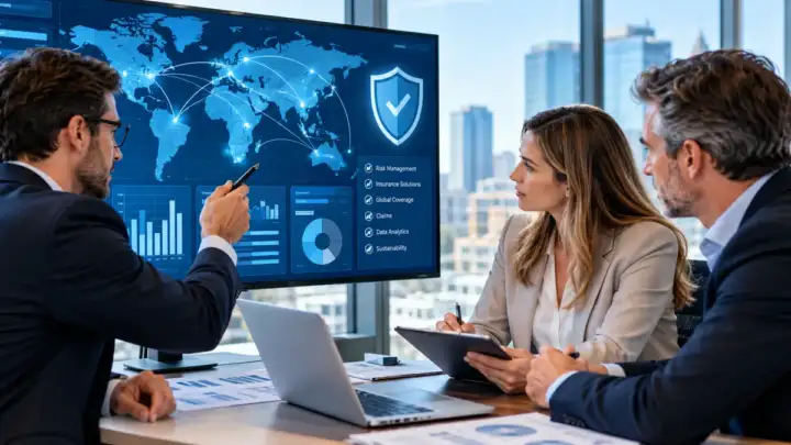 Dijital sigorta ve risk yönetimi platformunu değerlendiren uzmanlar, ekranda bağlantılı sigorta hizmetleri