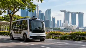 Singapur kentinde otonom sürüş teknolojisine sahip sürücüsüz servis aracı, kent yolu ve modern gökdelenler
