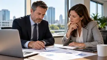 Sigorta brokerliği şirketinin finansal sonuçlarını değerlendiren iki iş insanı, ofiste grafik ve raporlar