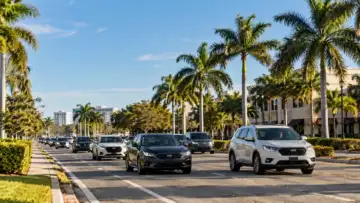 Florida'da palmiye ağaçlı geniş bir yolda seyreden otomobiller; USAA motorlu araç sigortası prim indirimi haberi