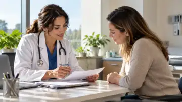 Hekimin bir hastayla klinikte saglik planini ve belgeleri degerlendirdigi dogal ofis sahnesi