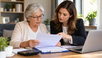Yaşlı bir kadın sağlık sigortası teklif ve sağlık beyanı belgelerini danışmanıyla inceliyor