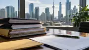 Toronto kent silüeti önünde masada hayat sigortası sözleşmelerini temsil eden dosyalar ve kalem